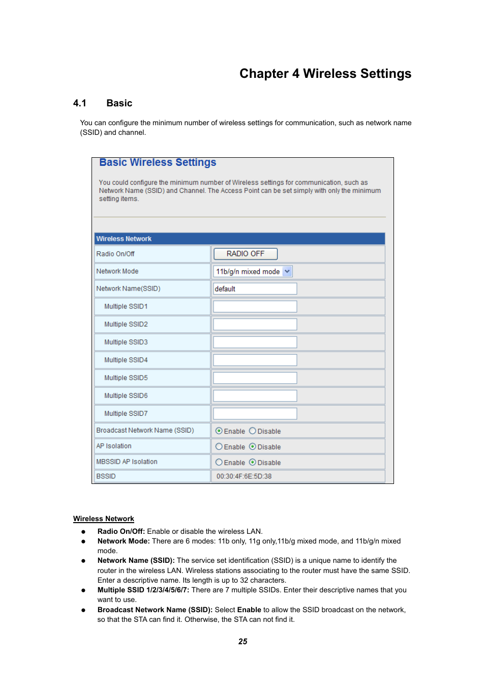 Chapter 4 wireless settings, 1 basic, Asic | PLANET WNRT-625 User Manual | Page 25 / 42