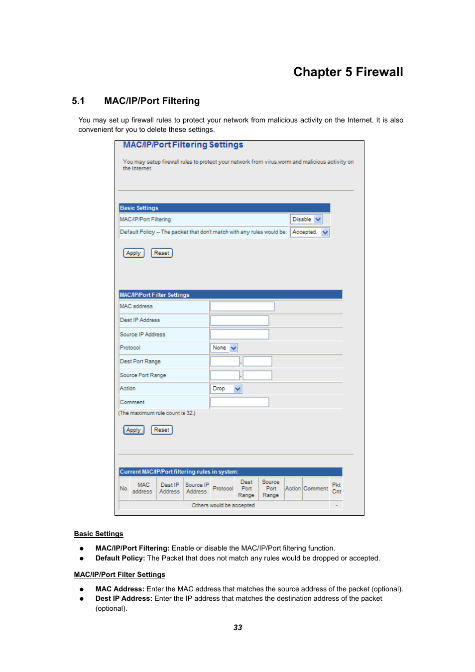 Chapter 5 firewall, 1 mac/ip/port filtering, Mac/ip/p | Iltering | PLANET WNRT-625 User Manual | Page 33 / 42