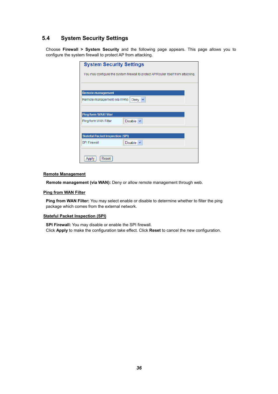 4 system security settings, Ystem, Ecurity | Ettings | PLANET WNRT-625 User Manual | Page 36 / 42