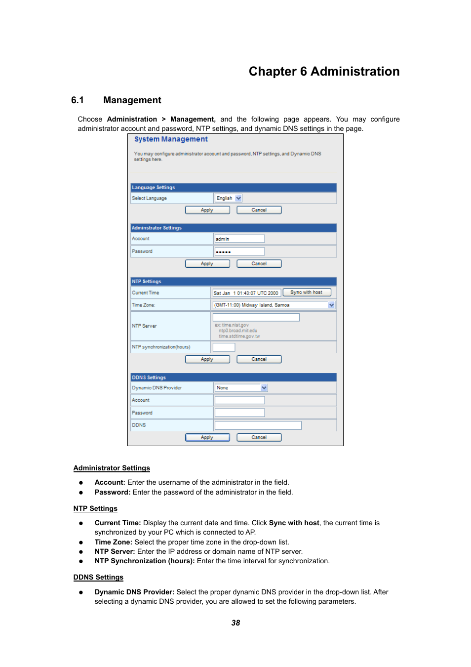 Chapter 6 administration, 1 management, Anagement | PLANET WNRT-625 User Manual | Page 38 / 42