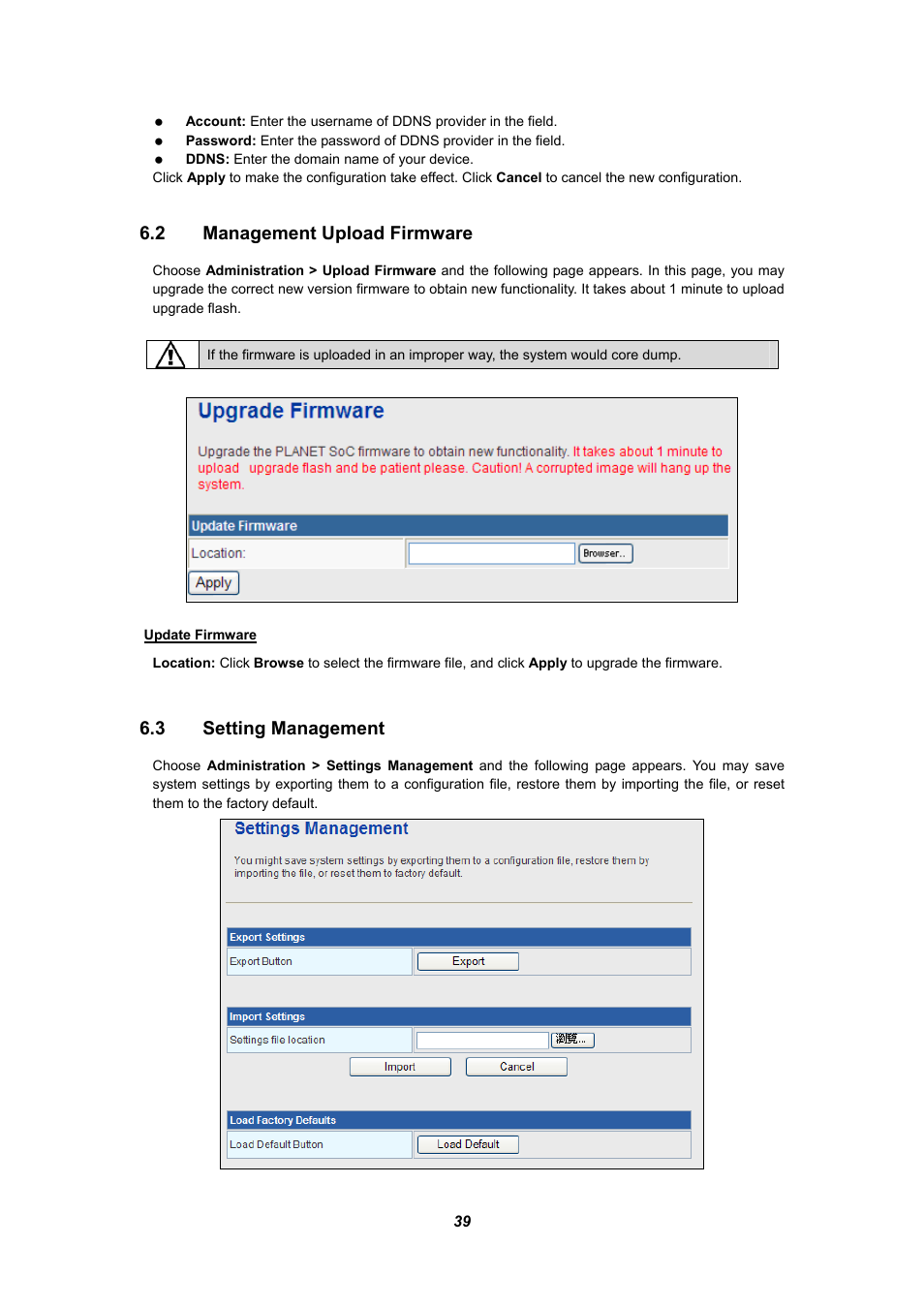 2 management upload firmware, 3 setting management, Anagement | Pload, Irmware, Etting | PLANET WNRT-625 User Manual | Page 39 / 42