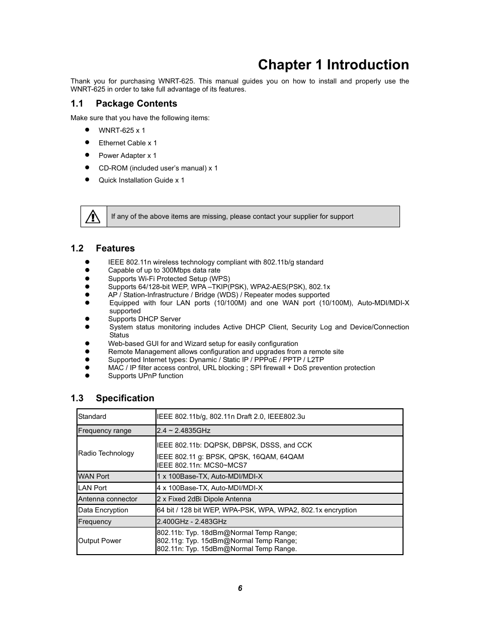 Chapter 1 introduction, 1 package contents, 2 features | 3 specification, Ackage, Ontents, Eatures, Pecification | PLANET WNRT-625 User Manual | Page 6 / 42
