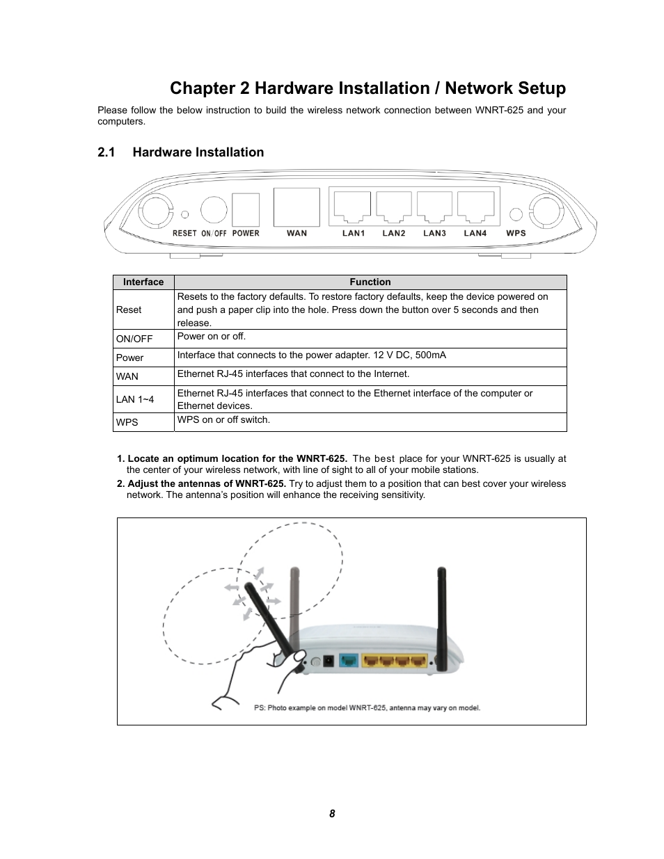 Chapter 2 hardware installation / network setup, 1 hardware installation, Ardware | Nstallation | PLANET WNRT-625 User Manual | Page 8 / 42