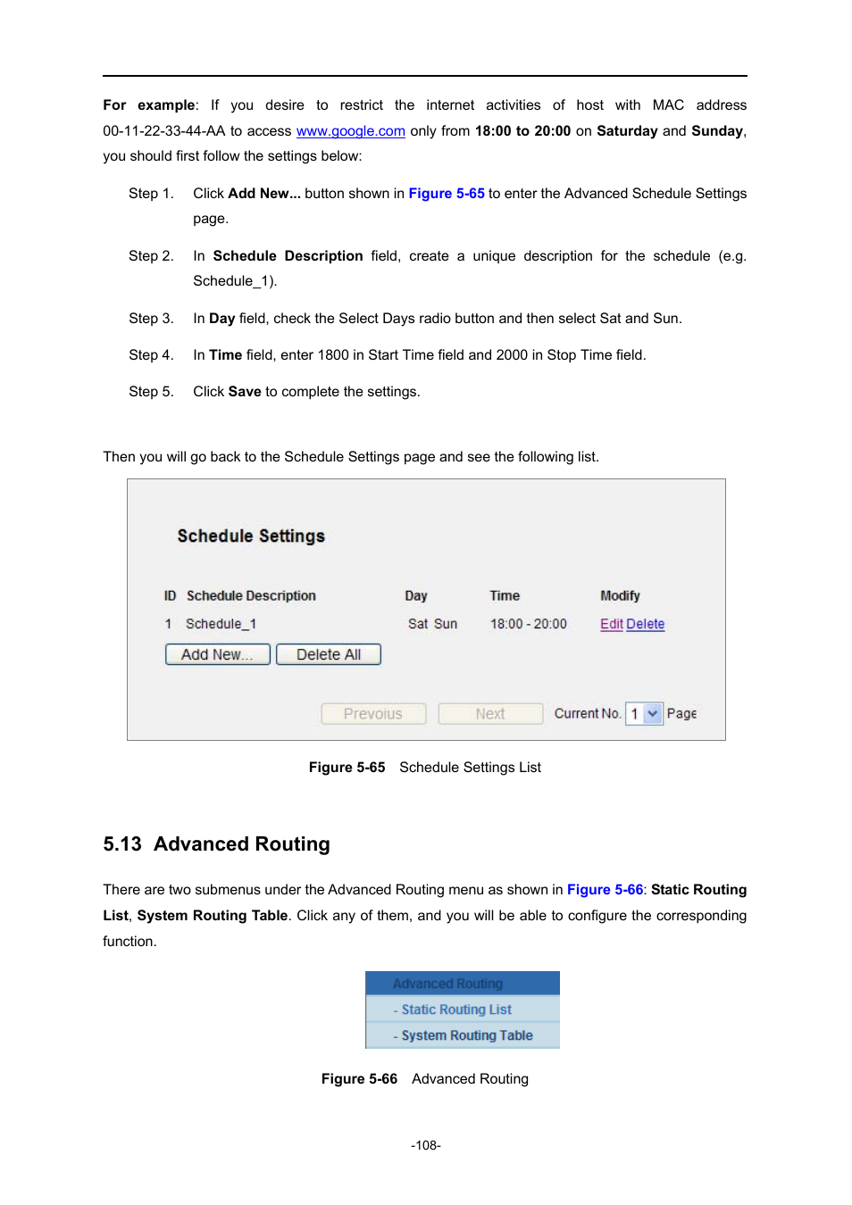 13 advanced routing, Advanced routing, Igure | Chedule, Ettings, Dvanced, Outing | PLANET WNRT-627 User Manual | Page 108 / 165