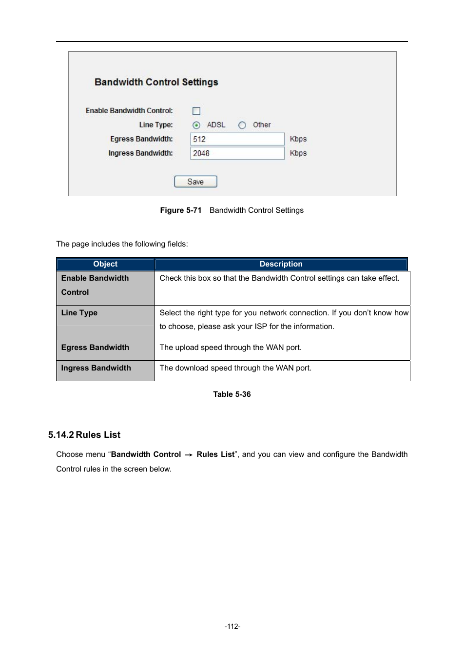 2 rules list, Rules list, Igure | Andwidth, Ontrol, Ettings | PLANET WNRT-627 User Manual | Page 112 / 165