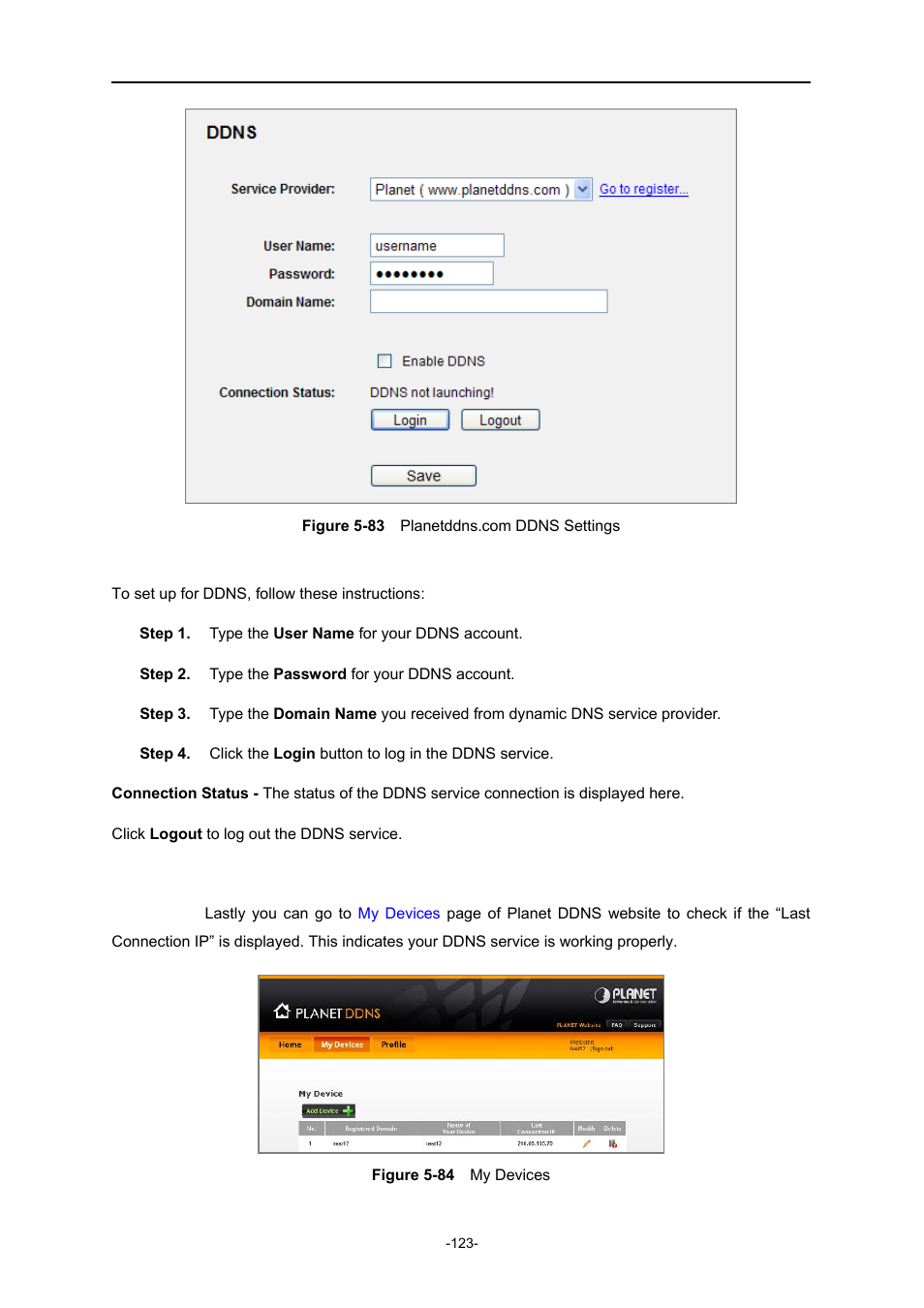 Igure, Lanetddns, Ddns | Ettings, Evices | PLANET WNRT-627 User Manual | Page 123 / 165
