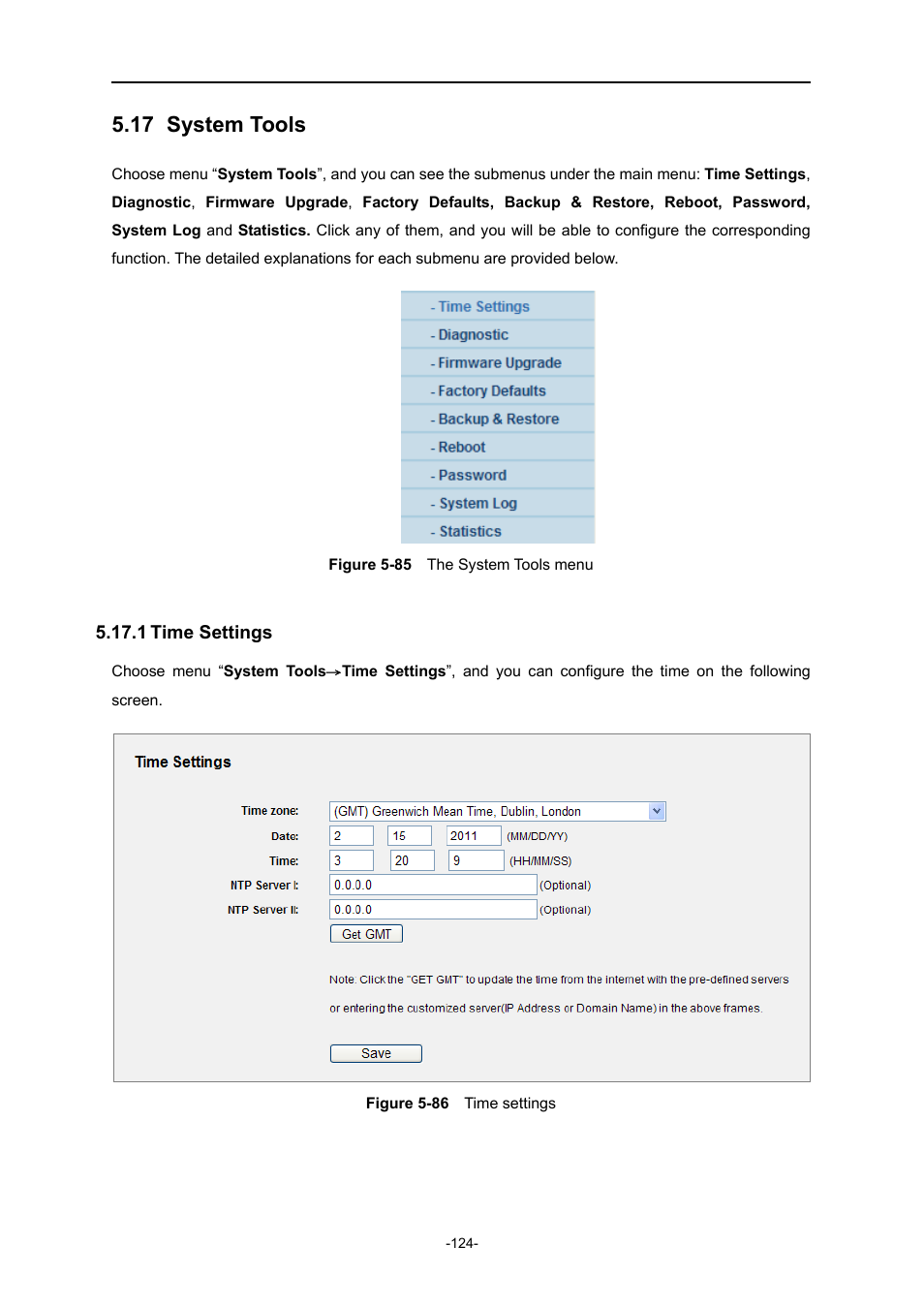 17 system tools, 1 time settings, System tools | Time settings, Igure, Ystem, Ools menu, Ime settings | PLANET WNRT-627 User Manual | Page 124 / 165
