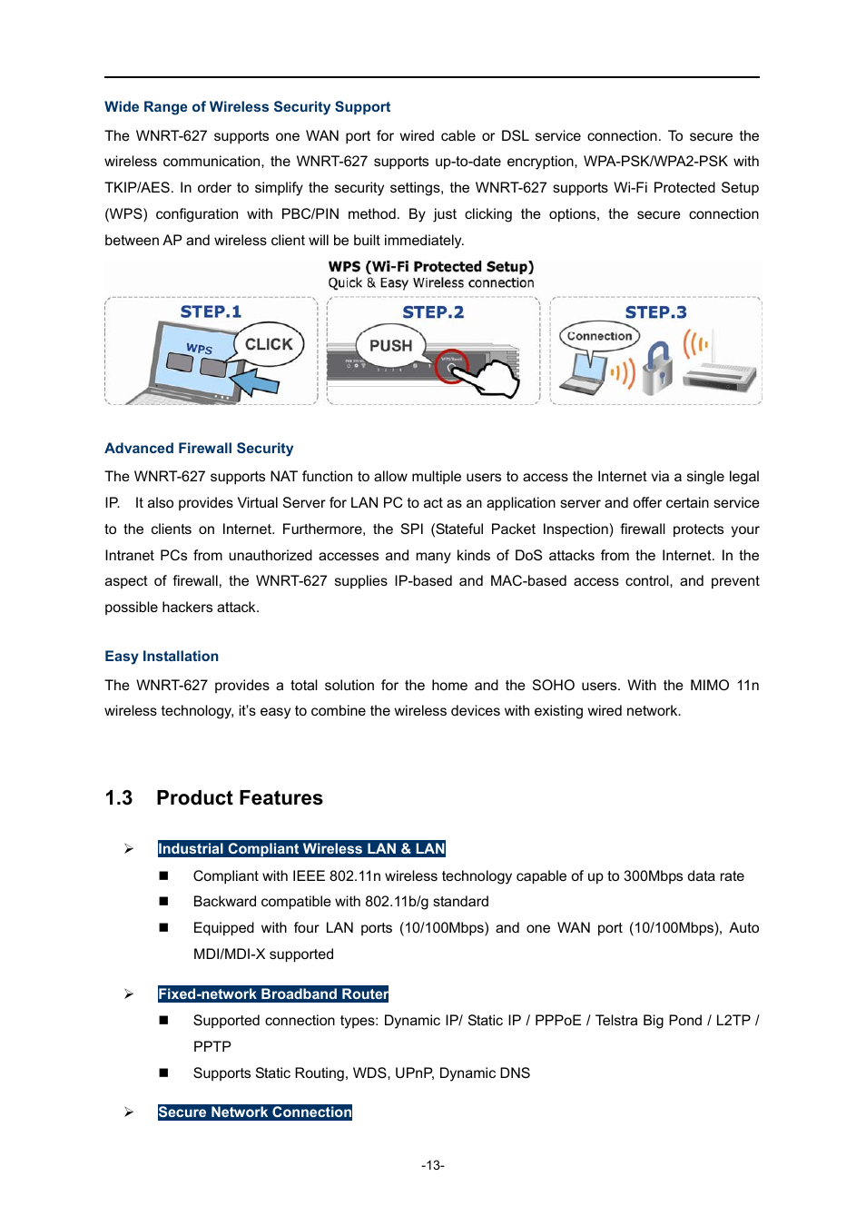 3 product features, Product features | PLANET WNRT-627 User Manual | Page 13 / 165