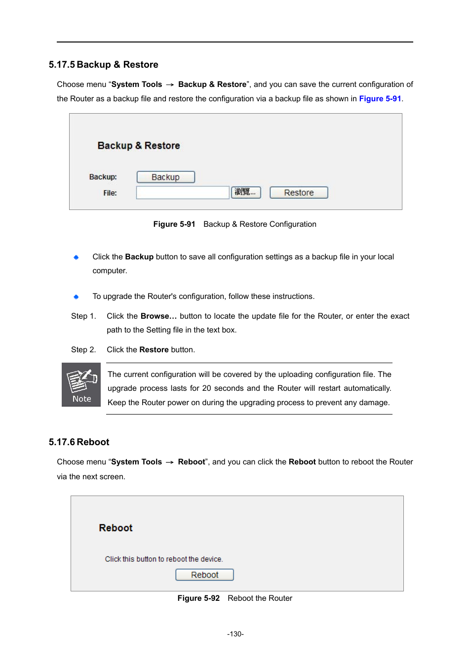 5 backup & restore, 6 reboot, Backup & restore | Reboot, Igure, Ackup, Estore, Onfiguration, Eboot the, Outer | PLANET WNRT-627 User Manual | Page 130 / 165