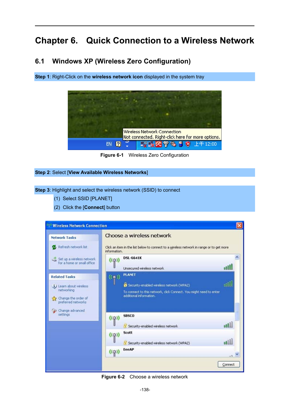 Chapter 6. quick connection to a wireless network, 1 windows xp (wireless zero configuration), Chapter 6 | Quick connection to a wireless network, Windows xp (wireless zero configuration), Igure, Ireless, Onfiguration, Hoose a wireless network | PLANET WNRT-627 User Manual | Page 138 / 165