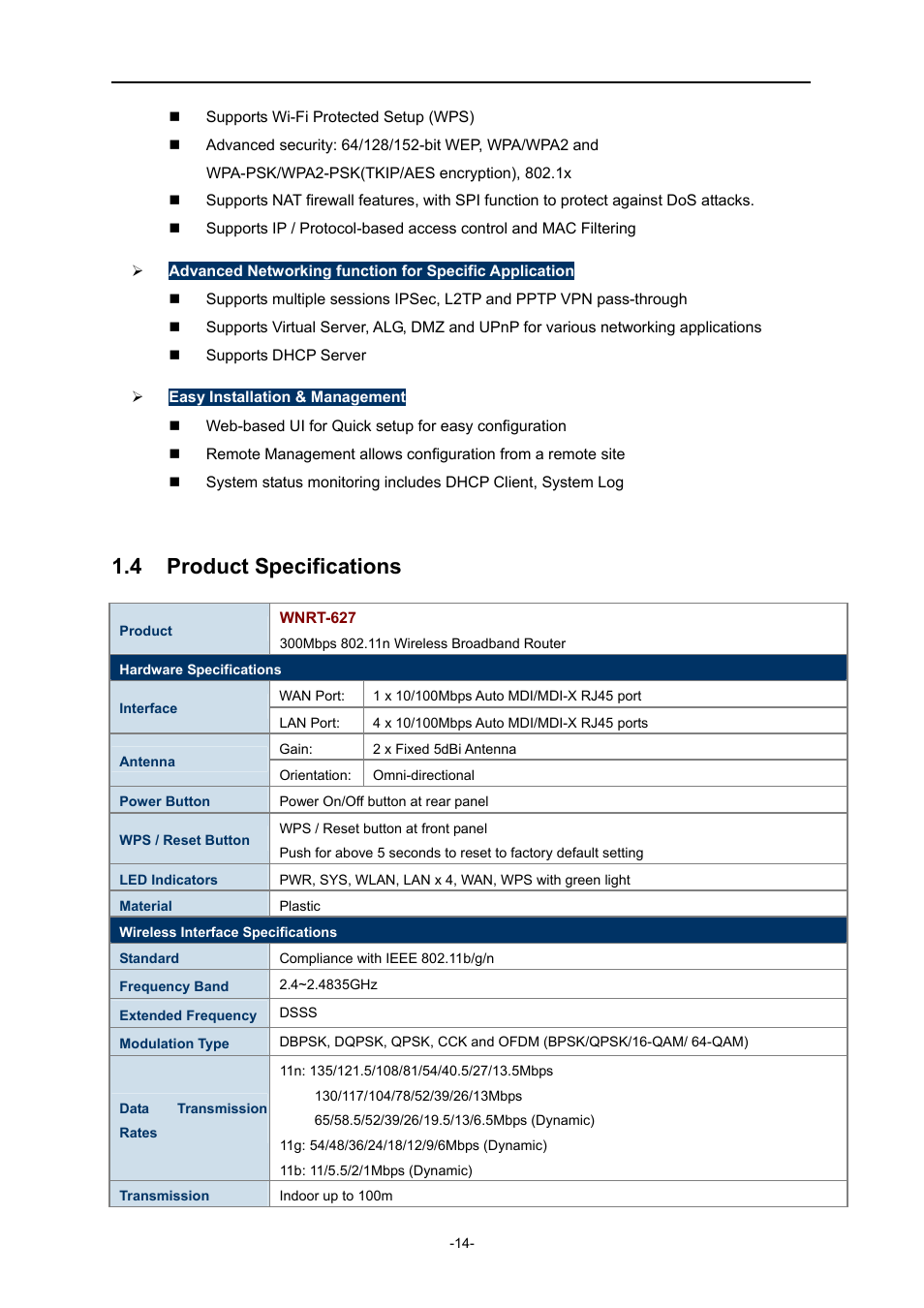4 product specifications, Product specifications | PLANET WNRT-627 User Manual | Page 14 / 165