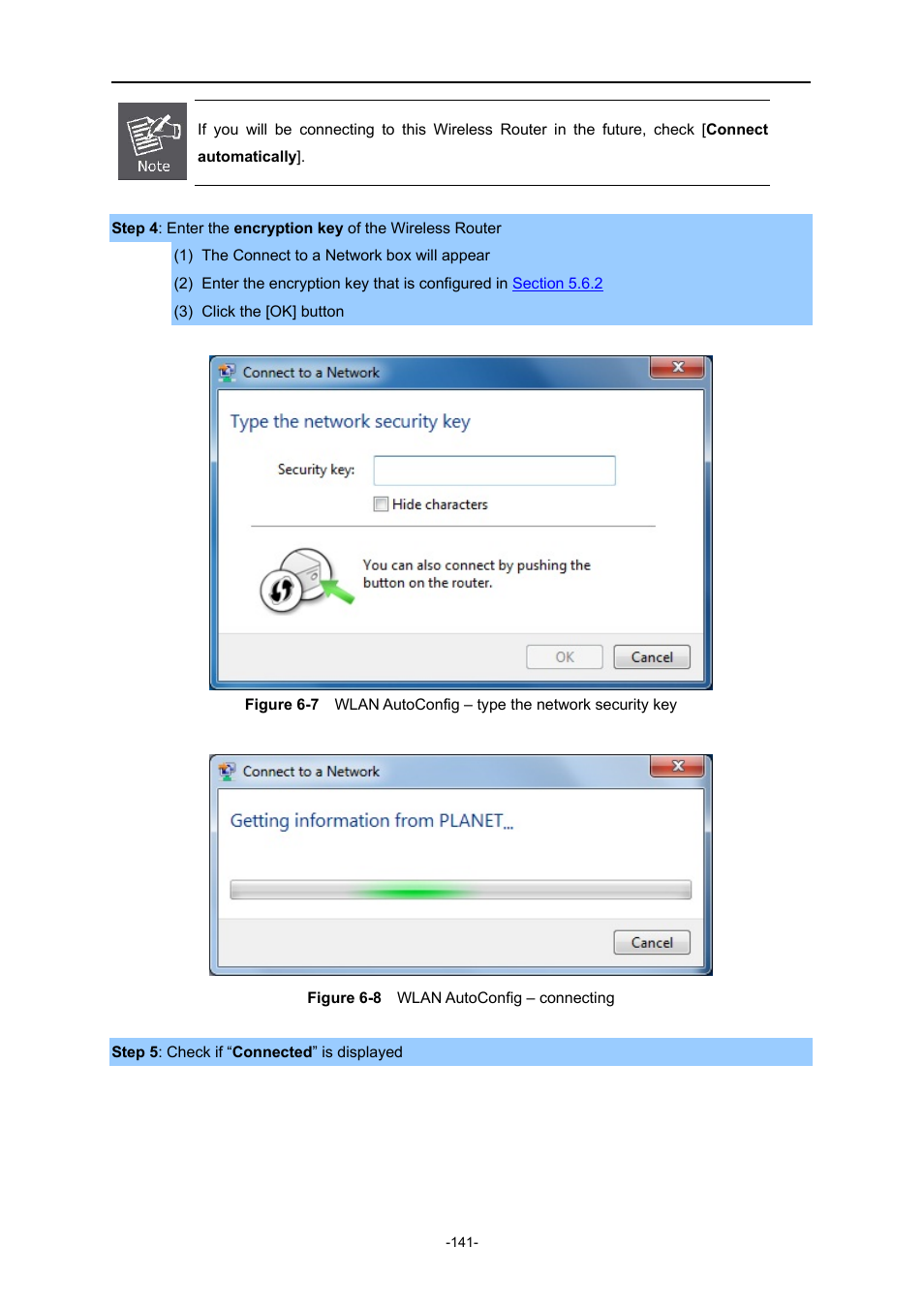 Igure, Wlan, Onfig | Type the network security key, Connecting | PLANET WNRT-627 User Manual | Page 141 / 165