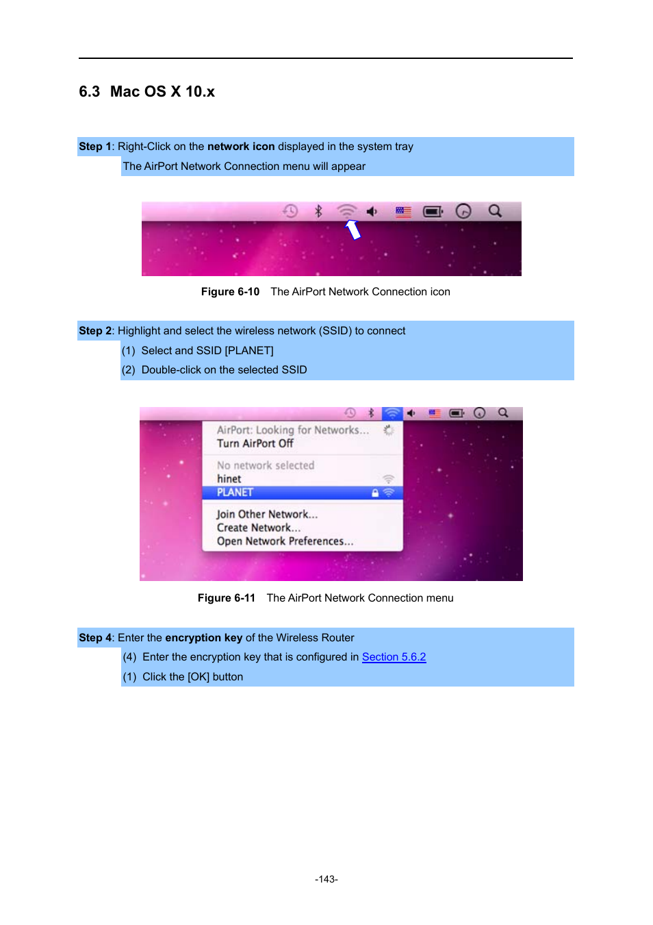 3 mac os x 10.x, Mac os x 10.x, Igure | Etwork, Onnection icon, Onnection menu | PLANET WNRT-627 User Manual | Page 143 / 165