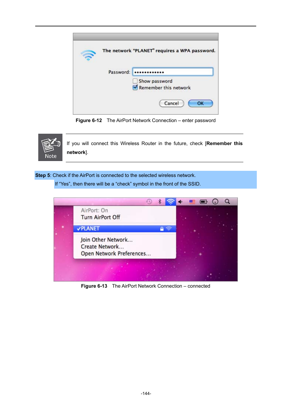 Igure, Etwork, Onnection | Enter password, Connected | PLANET WNRT-627 User Manual | Page 144 / 165