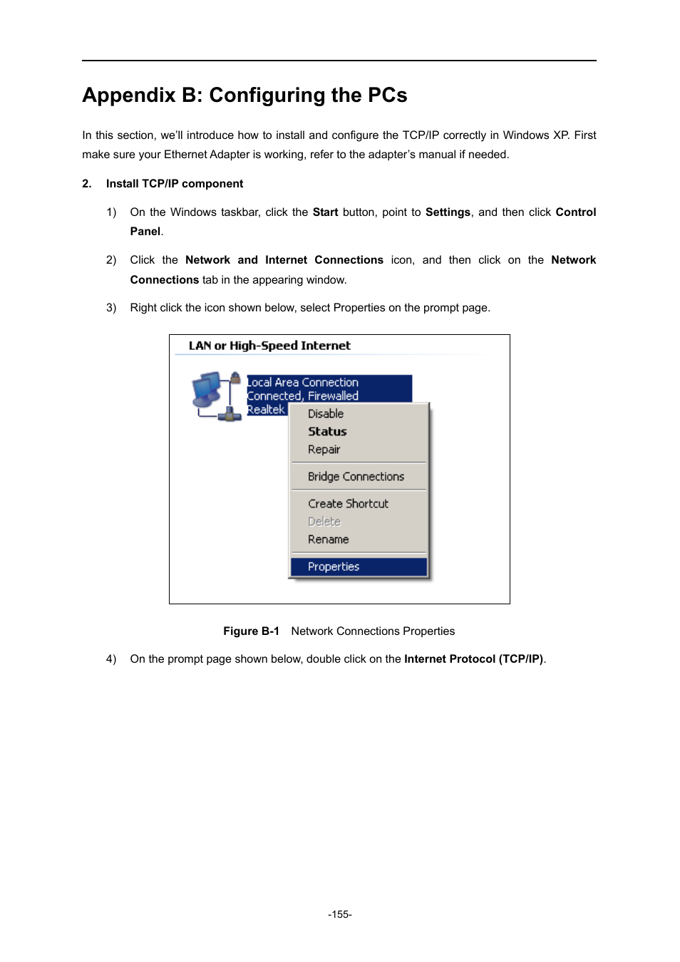 Appendix b: configuring the pcs, Igure, Etwork | Onnections, Roperties | PLANET WNRT-627 User Manual | Page 155 / 165