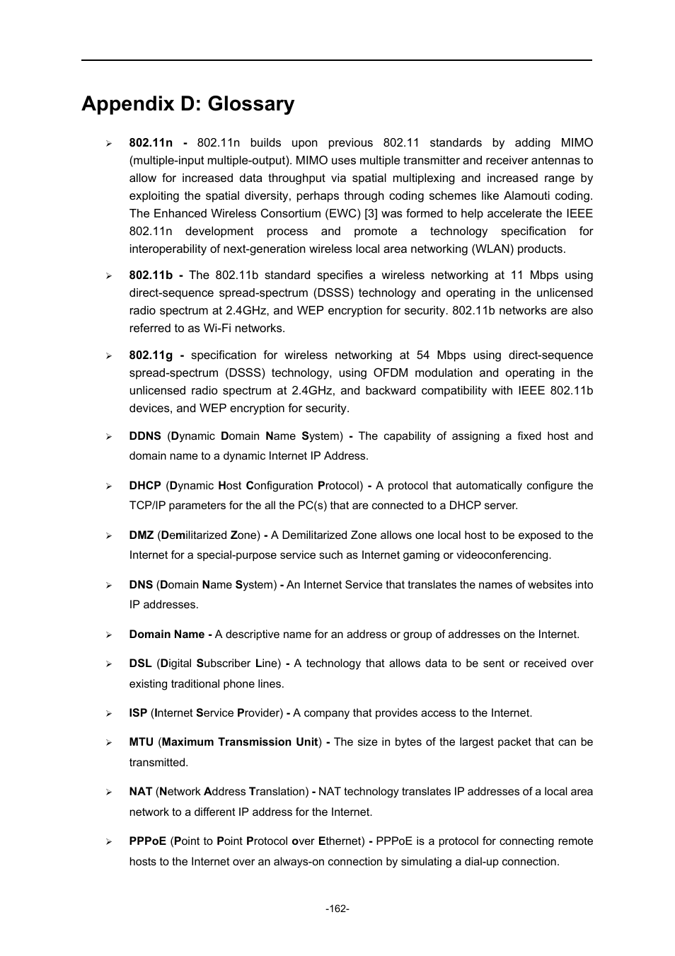 Appendix d: glossary | PLANET WNRT-627 User Manual | Page 162 / 165