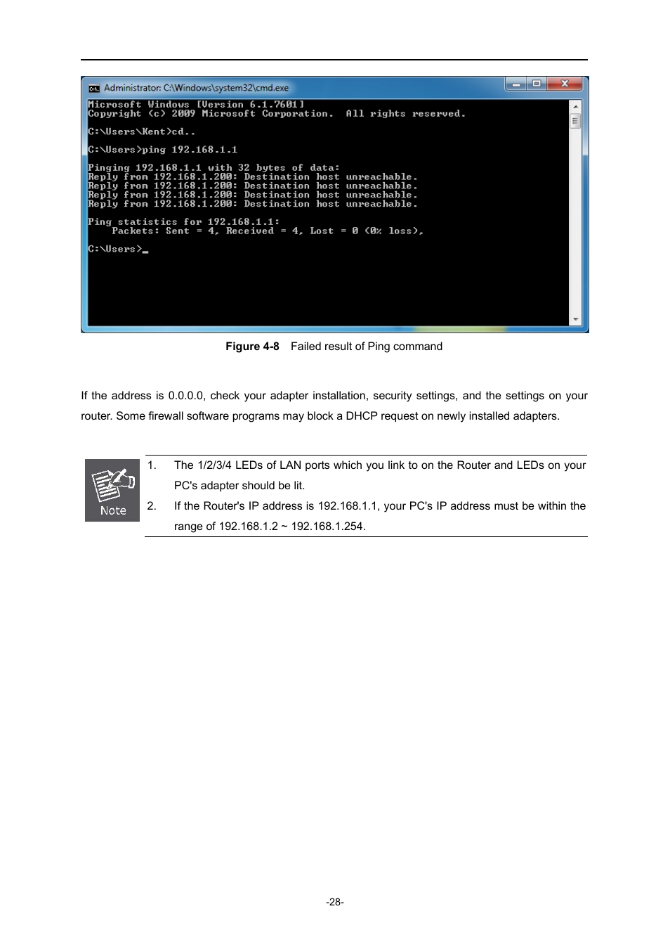 Igure, Ailed result of, Ing command | It means the connection between your pc and, The router has failed | PLANET WNRT-627 User Manual | Page 28 / 165