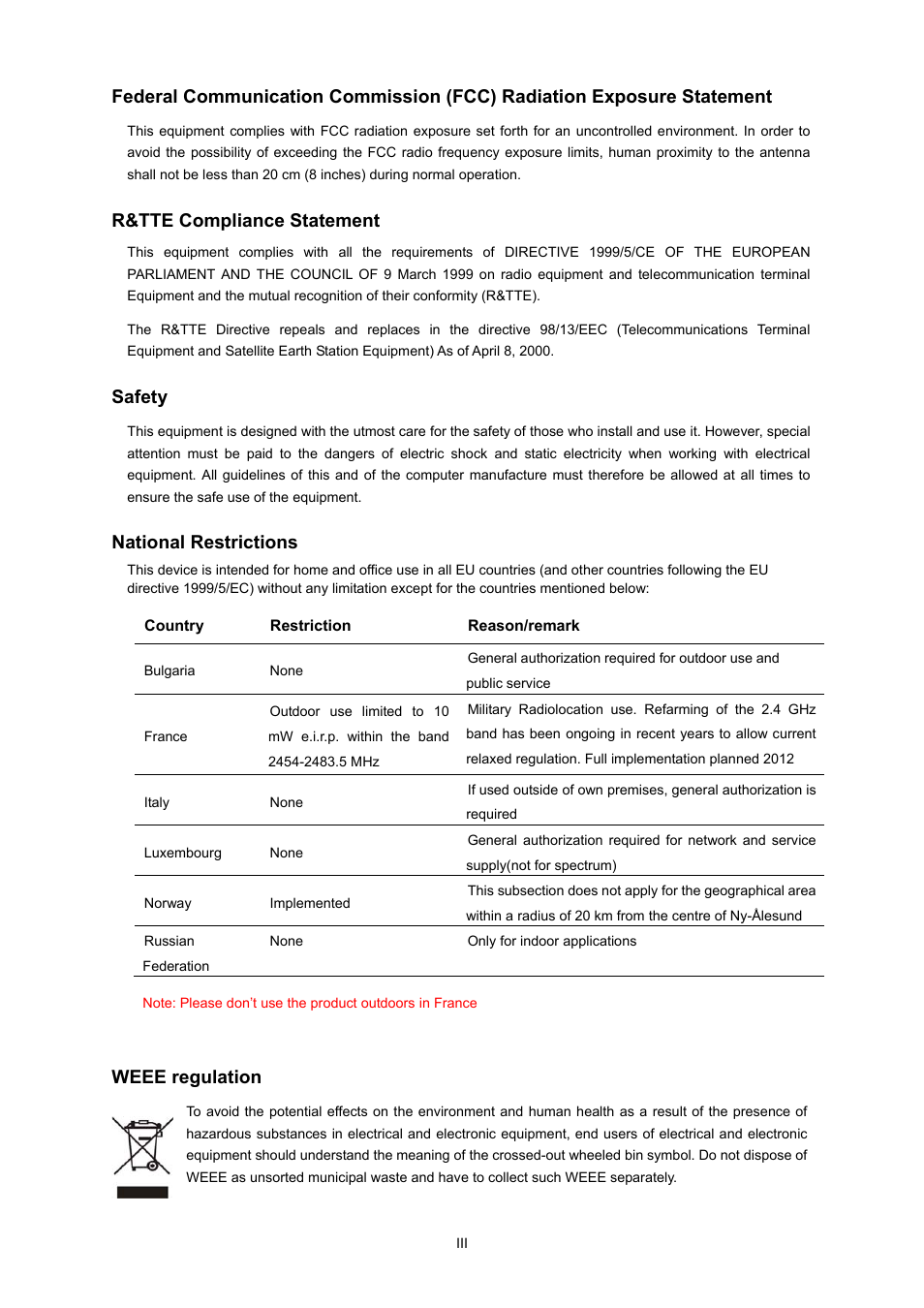 R&tte compliance statement, Safety, National restrictions | Weee regulation | PLANET WNRT-627 User Manual | Page 3 / 165