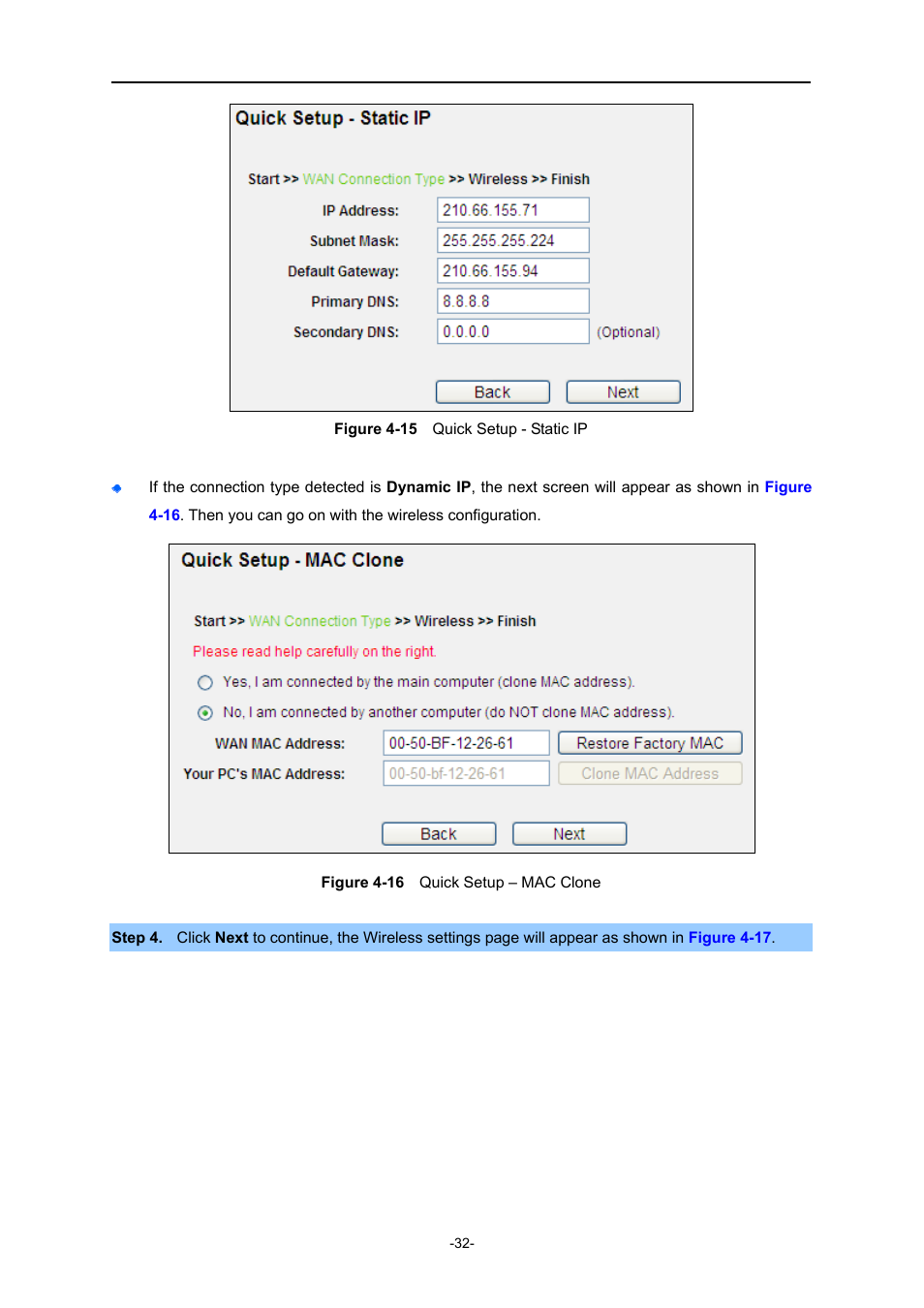 Igure, Uick, Etup | Tatic, Lone, Figure 4-15, Enter the parameters in the corresponding blanks | PLANET WNRT-627 User Manual | Page 32 / 165