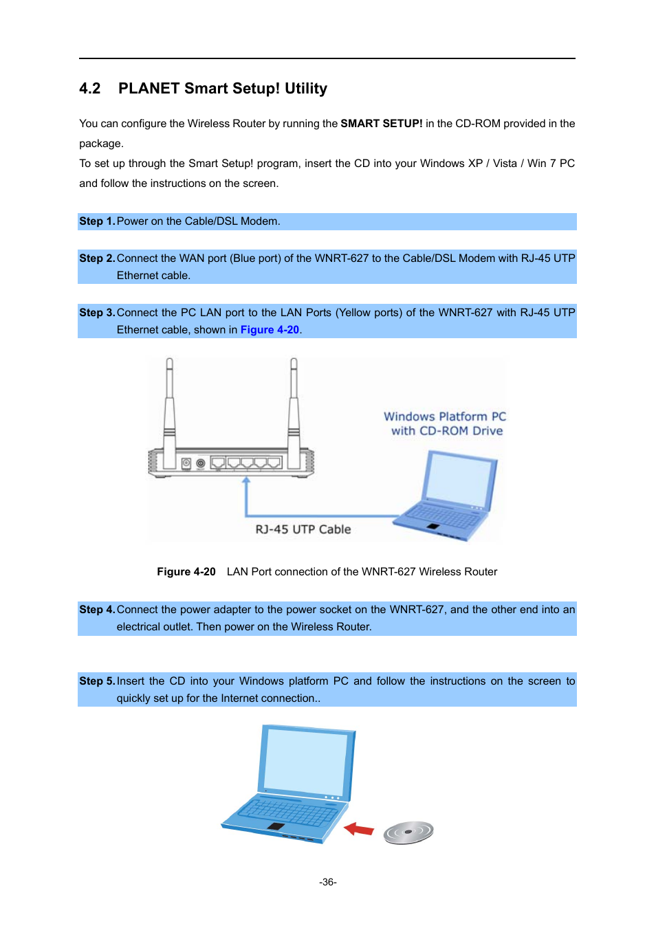 2 planet smart setup! utility, Planet smart setup! utility, Igure | Ort connection of the, Wnrt-627, Ireless, Outer | PLANET WNRT-627 User Manual | Page 36 / 165