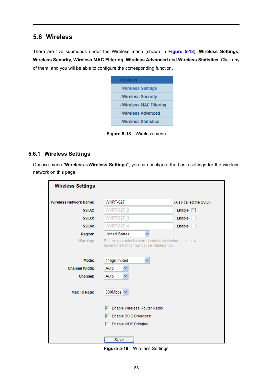 6 wireless, 1 wireless settings, Wireless | Wireless settings, Igure, Ireless menu, Ireless, Ettings, Chapter | PLANET WNRT-627 User Manual | Page 58 / 165