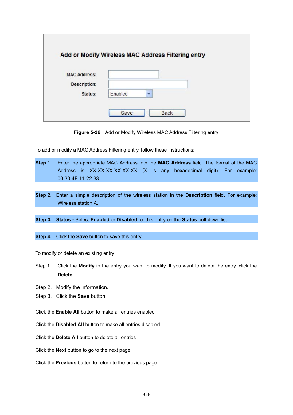 Igure, Dd or, Odify | Ireless, Ddress, Iltering entry | PLANET WNRT-627 User Manual | Page 68 / 165