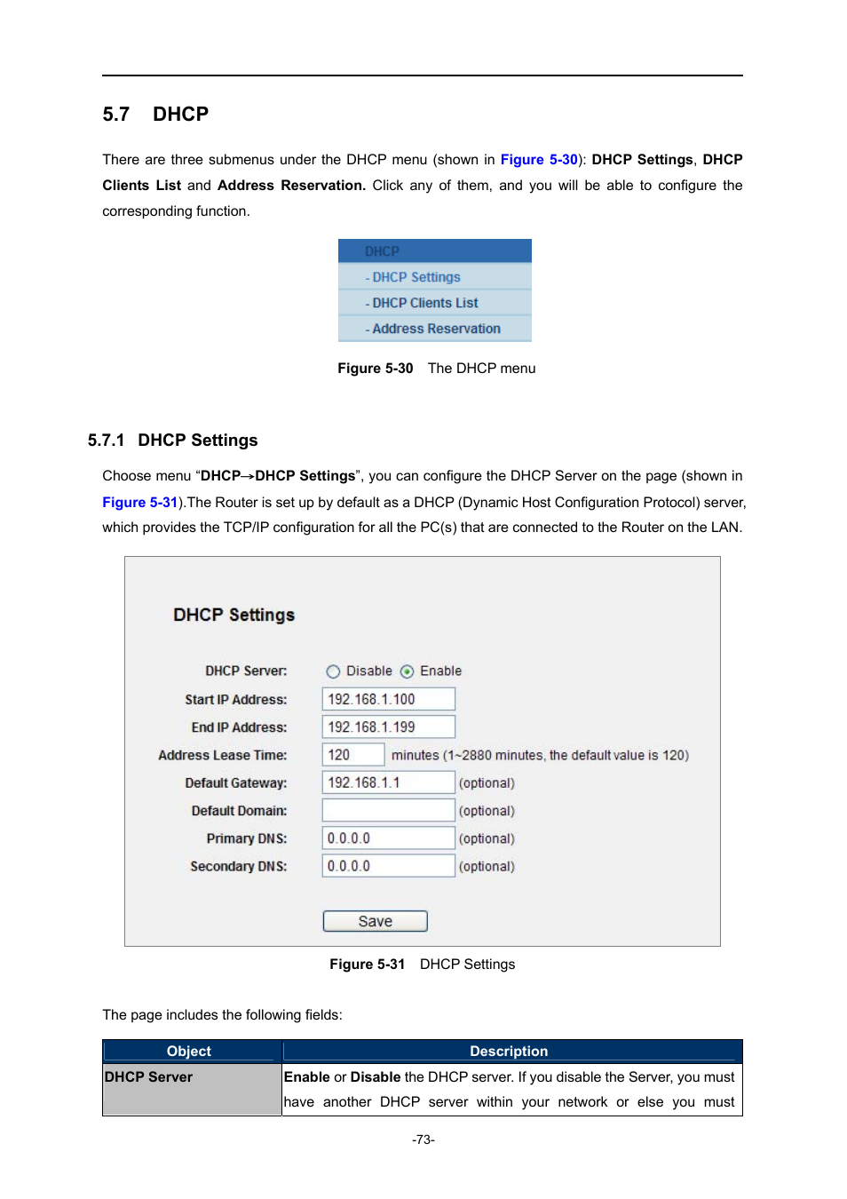 7 dhcp, 1 dhcp settings, Dhcp | Dhcp settings, Igure, Menu, Ettings | PLANET WNRT-627 User Manual | Page 73 / 165