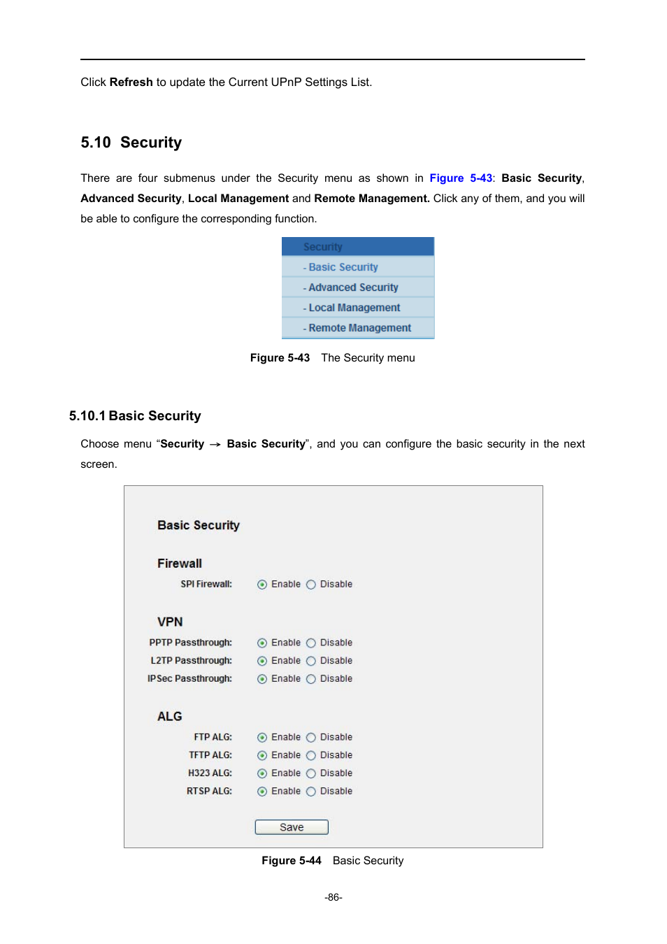 10 security, 1 basic security, Security | Basic security, Igure, Ecurity menu, Asic, Ecurity | PLANET WNRT-627 User Manual | Page 86 / 165