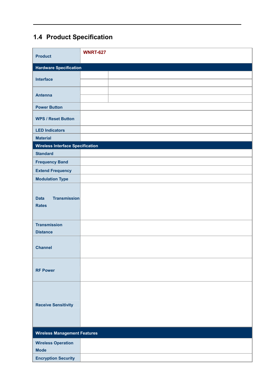 4 product specification, Product specification | PLANET WNRT-627 User Manual | Page 10 / 156