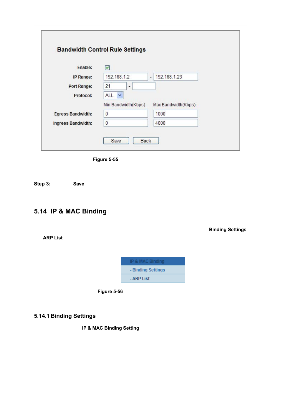 14 ip & mac binding, 1 binding settings, Ip & mac binding | Binding settings, N in, Figure 5-55 | PLANET WNRT-627 User Manual | Page 108 / 156