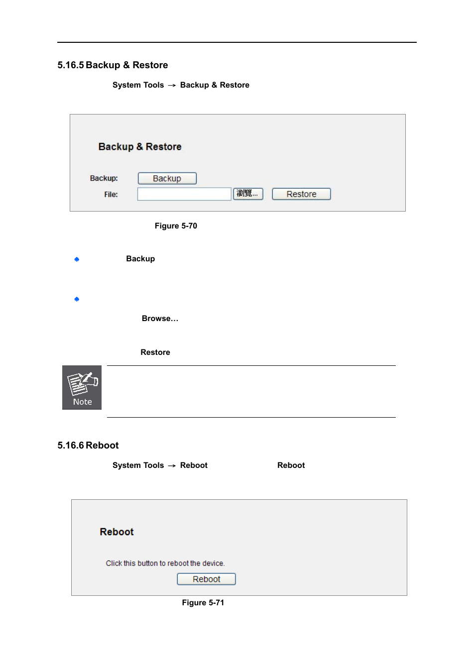 5 backup & restore, 6 reboot, Backup & restore | Reboot | PLANET WNRT-627 User Manual | Page 122 / 156