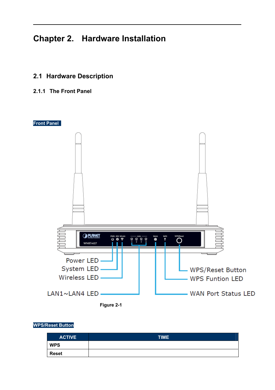 Chapter 2. hardware installation, 1 hardware description, 1 the front panel | Chapter 2, Hardware installation, Hardware description, The front panel | PLANET WNRT-627 User Manual | Page 13 / 156