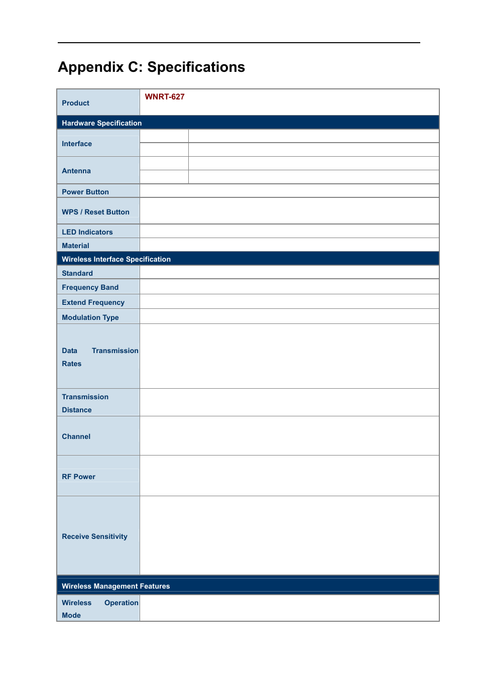 Appendix c: specifications | PLANET WNRT-627 User Manual | Page 151 / 156