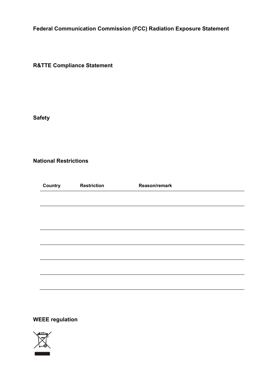 R&tte compliance statement, Safety, National restrictions | Weee regulation | PLANET WNRT-627 User Manual | Page 3 / 156