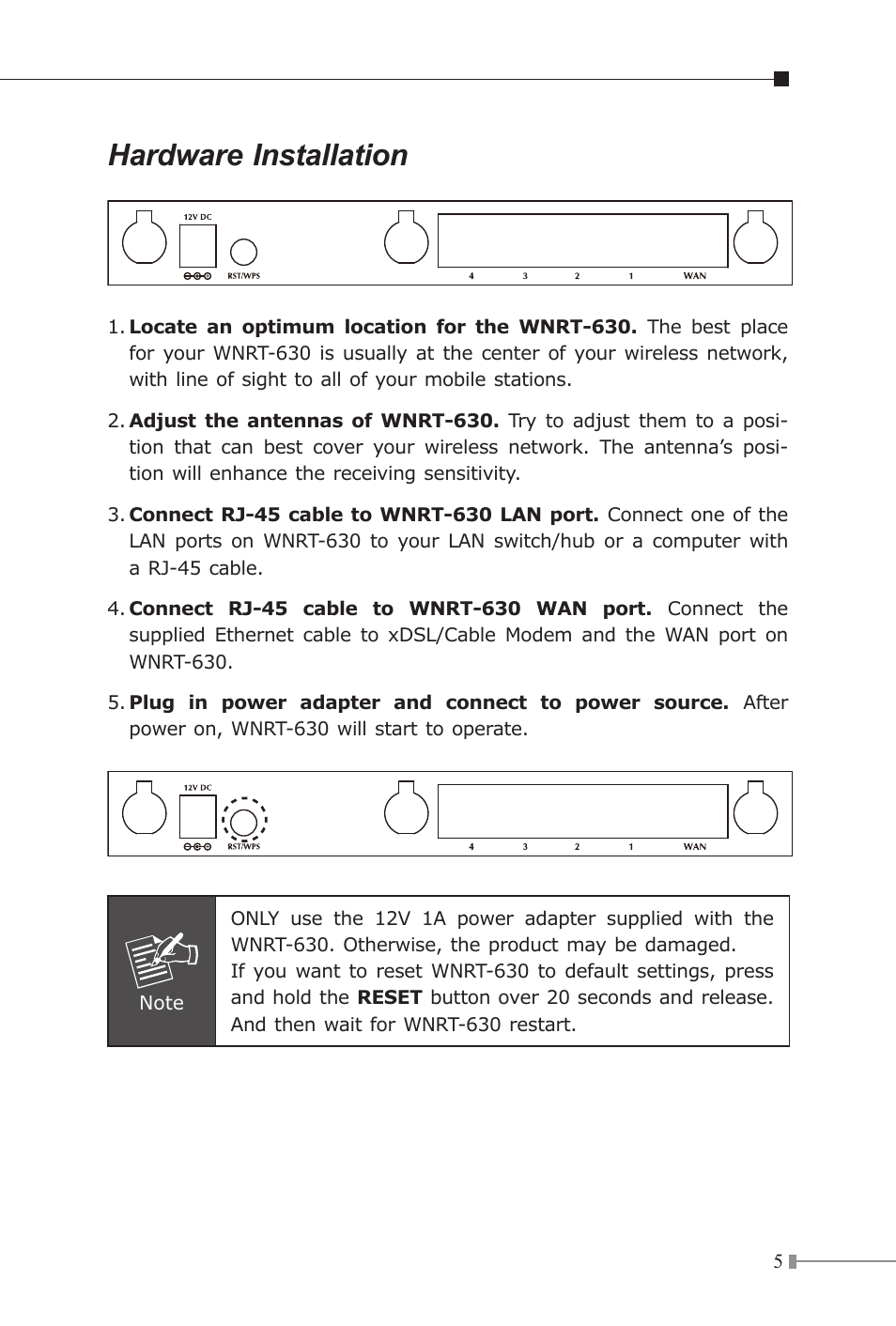 Hardware installation | PLANET WNRT-630 User Manual | Page 5 / 12
