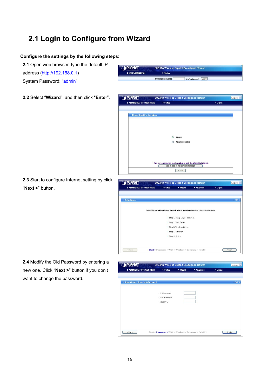 1 login to configure from wizard | PLANET WNRT-632 User Manual | Page 15 / 86