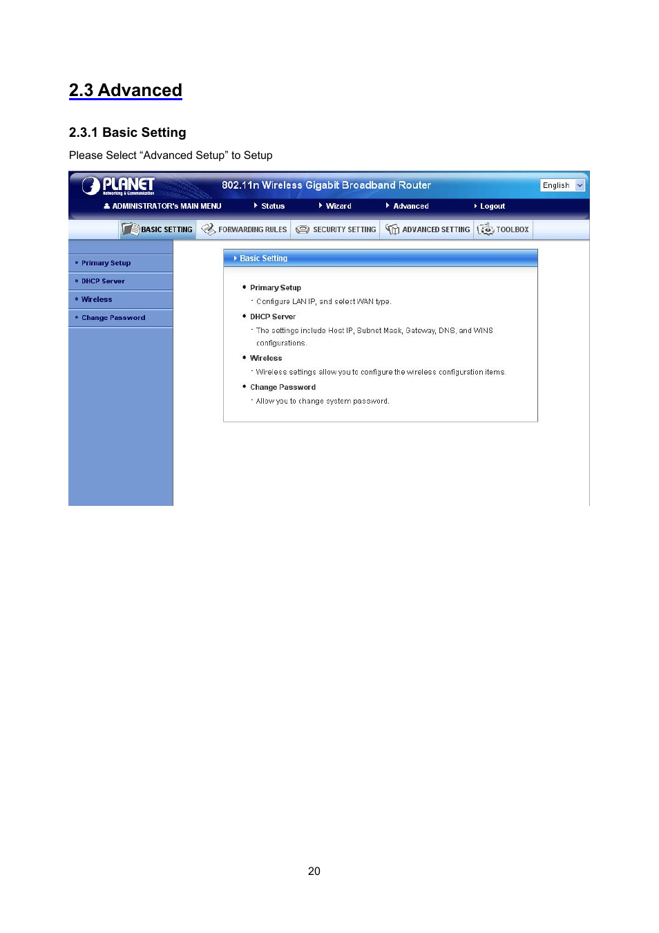 3 advanced, 1 basic setting | PLANET WNRT-632 User Manual | Page 20 / 86