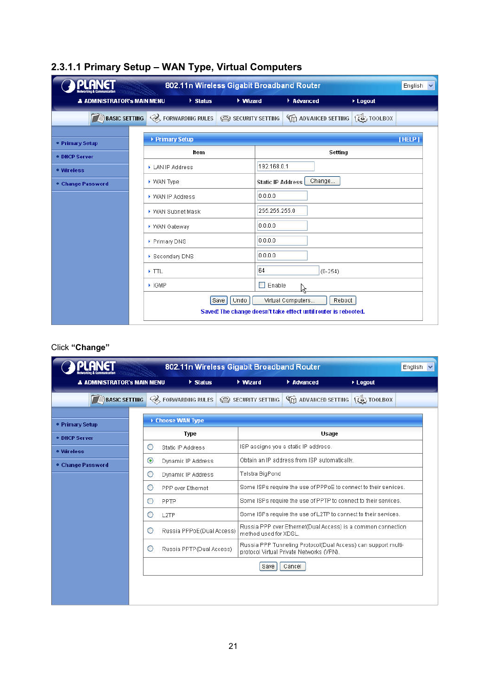 1 primary setup – wan type, virtual computers | PLANET WNRT-632 User Manual | Page 21 / 86