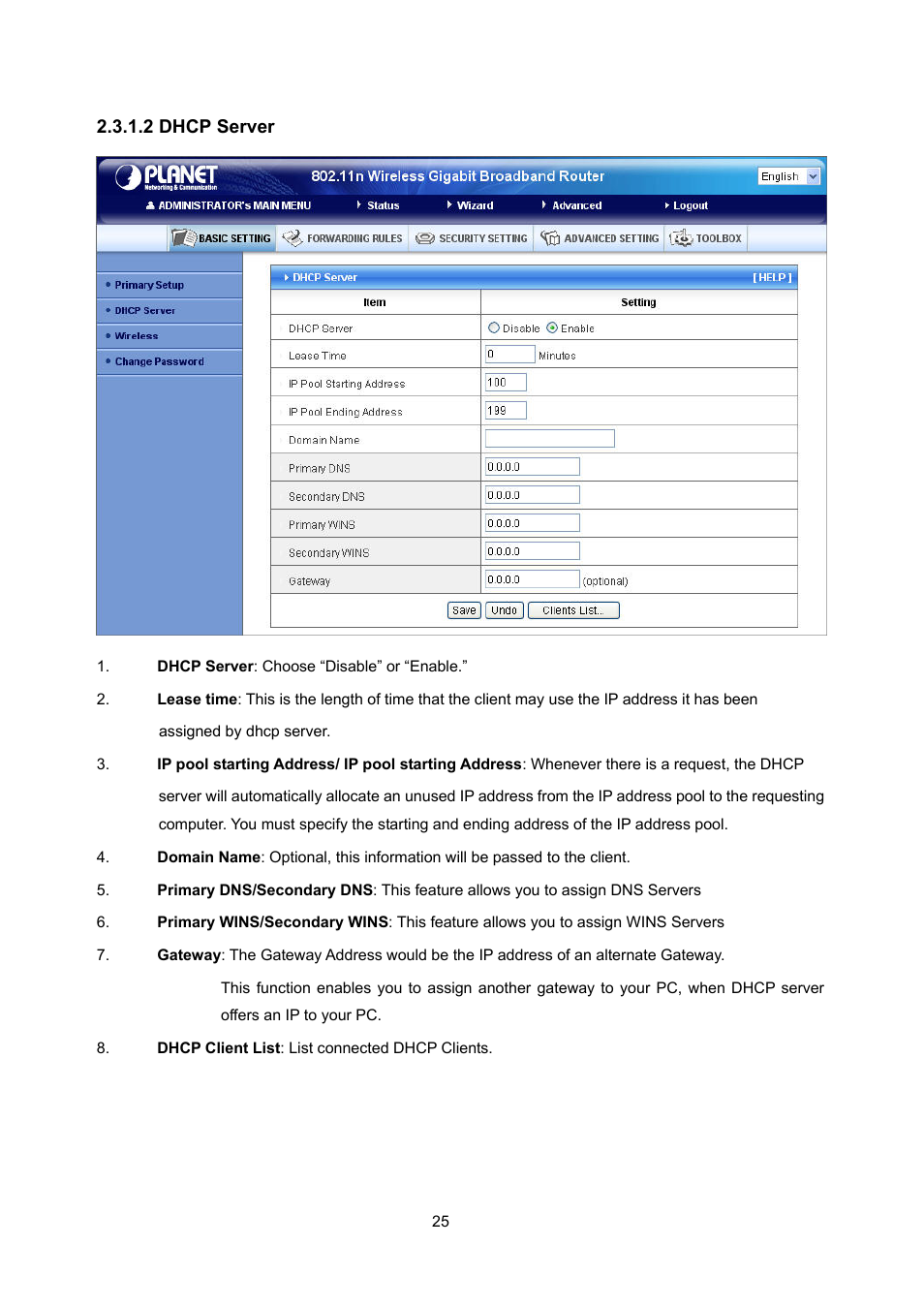 2 dhcp server | PLANET WNRT-632 User Manual | Page 25 / 86