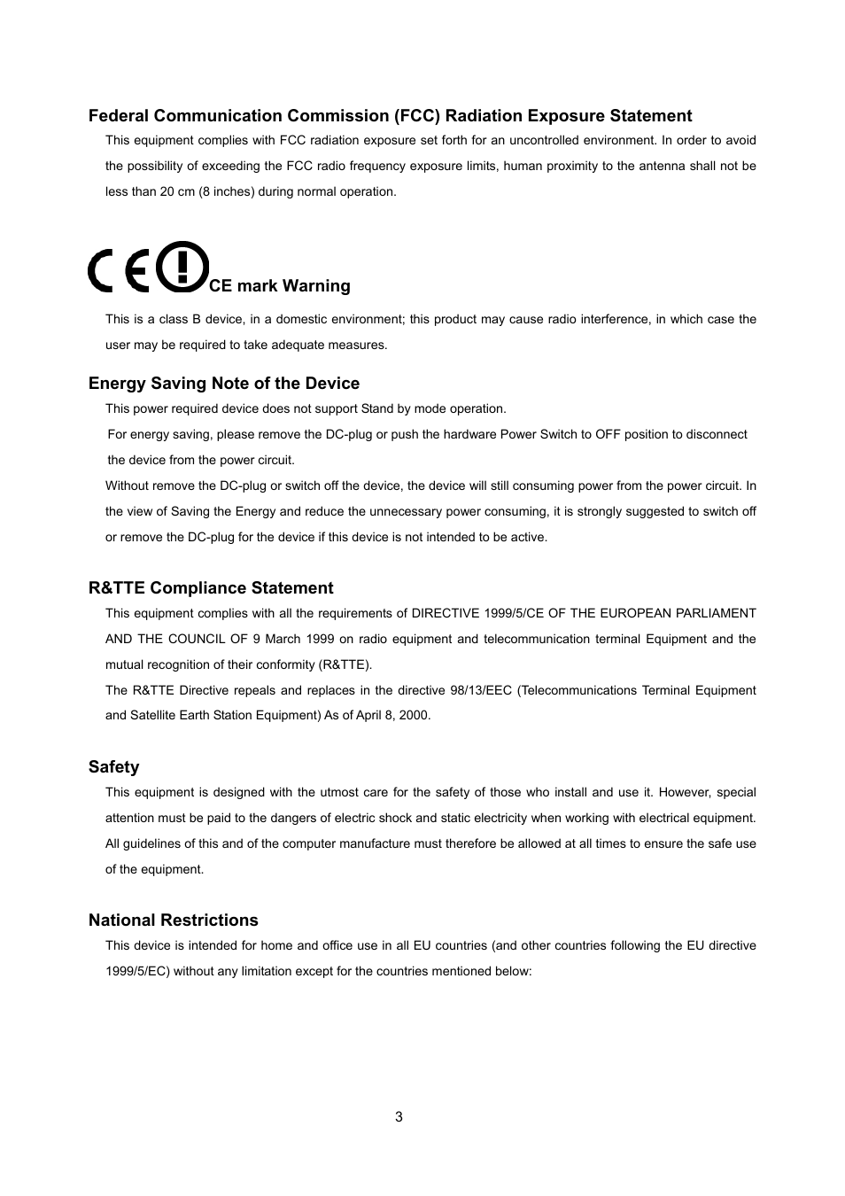 Ce mark warning, R&tte compliance statement, Safety | National restrictions | PLANET WNRT-632 User Manual | Page 3 / 86