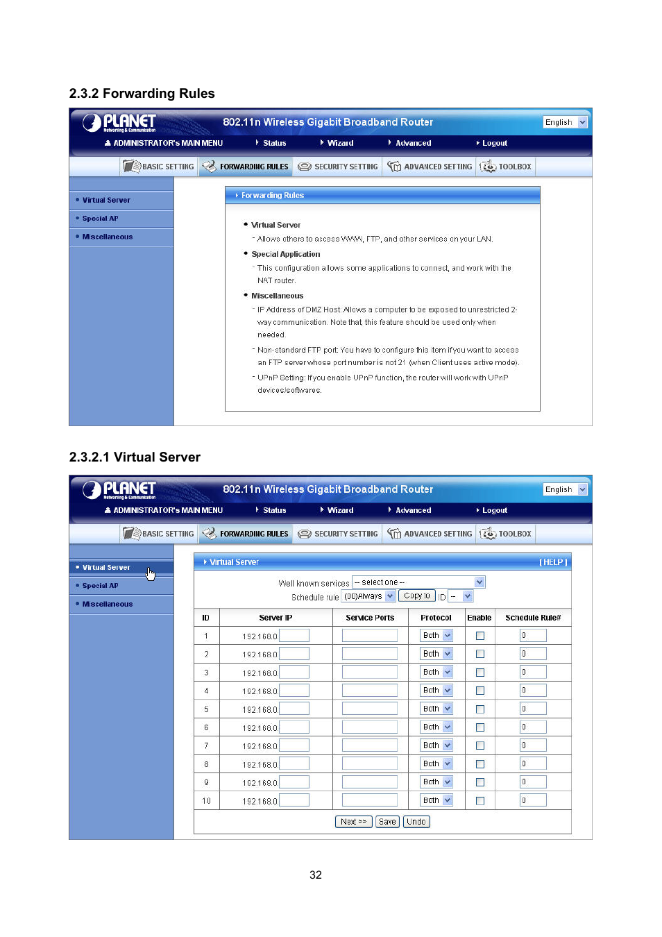 2 forwarding rules, 1 virtual server | PLANET WNRT-632 User Manual | Page 32 / 86