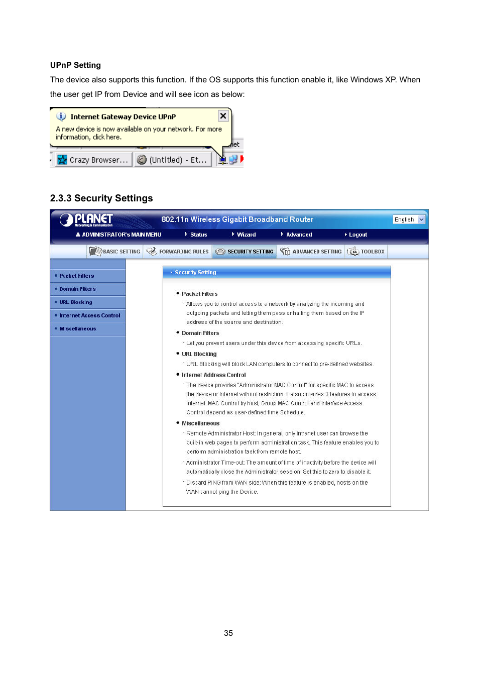 3 security settings | PLANET WNRT-632 User Manual | Page 35 / 86