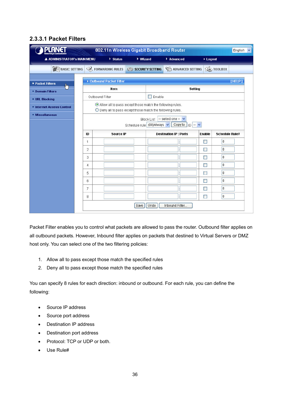 1 packet filters | PLANET WNRT-632 User Manual | Page 36 / 86