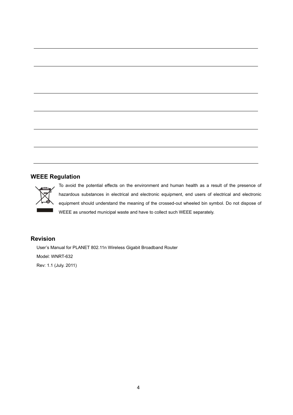 Country restriction reason/remark, Weee regulation, Revision | PLANET WNRT-632 User Manual | Page 4 / 86