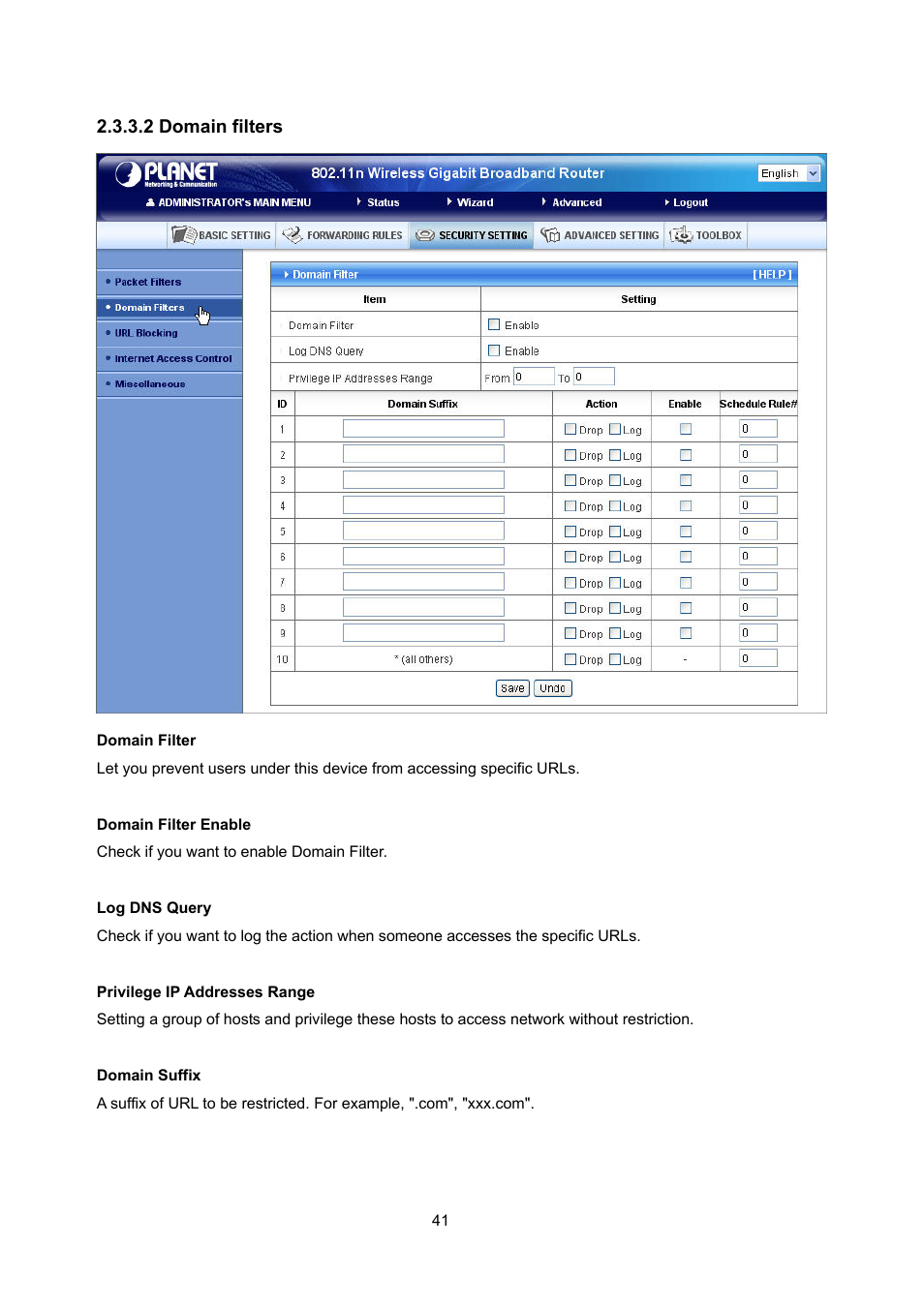 2 domain filters | PLANET WNRT-632 User Manual | Page 41 / 86