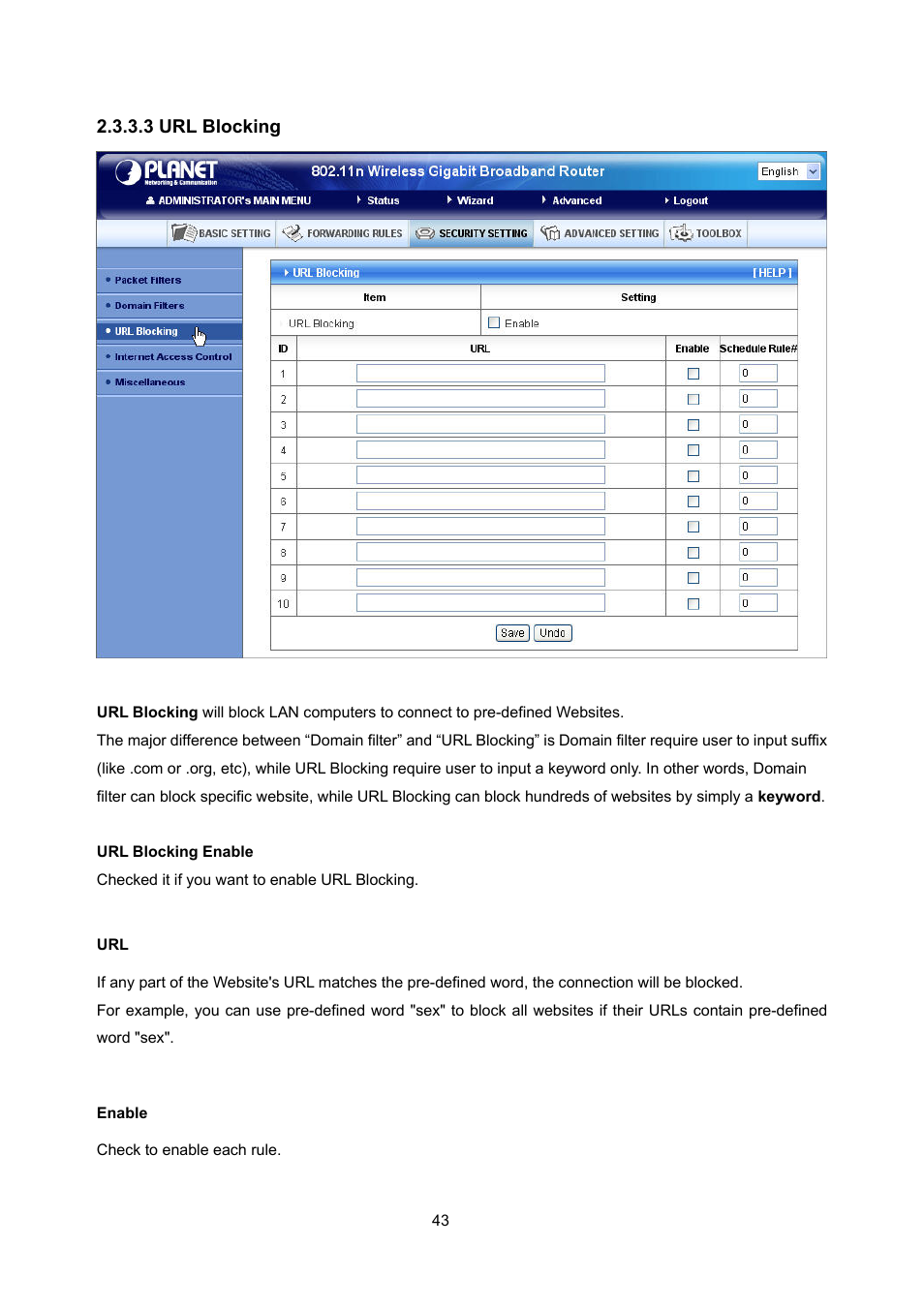 3 url blocking | PLANET WNRT-632 User Manual | Page 43 / 86