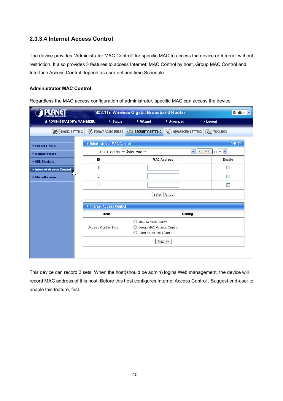 4 internet access control | PLANET WNRT-632 User Manual | Page 45 / 86