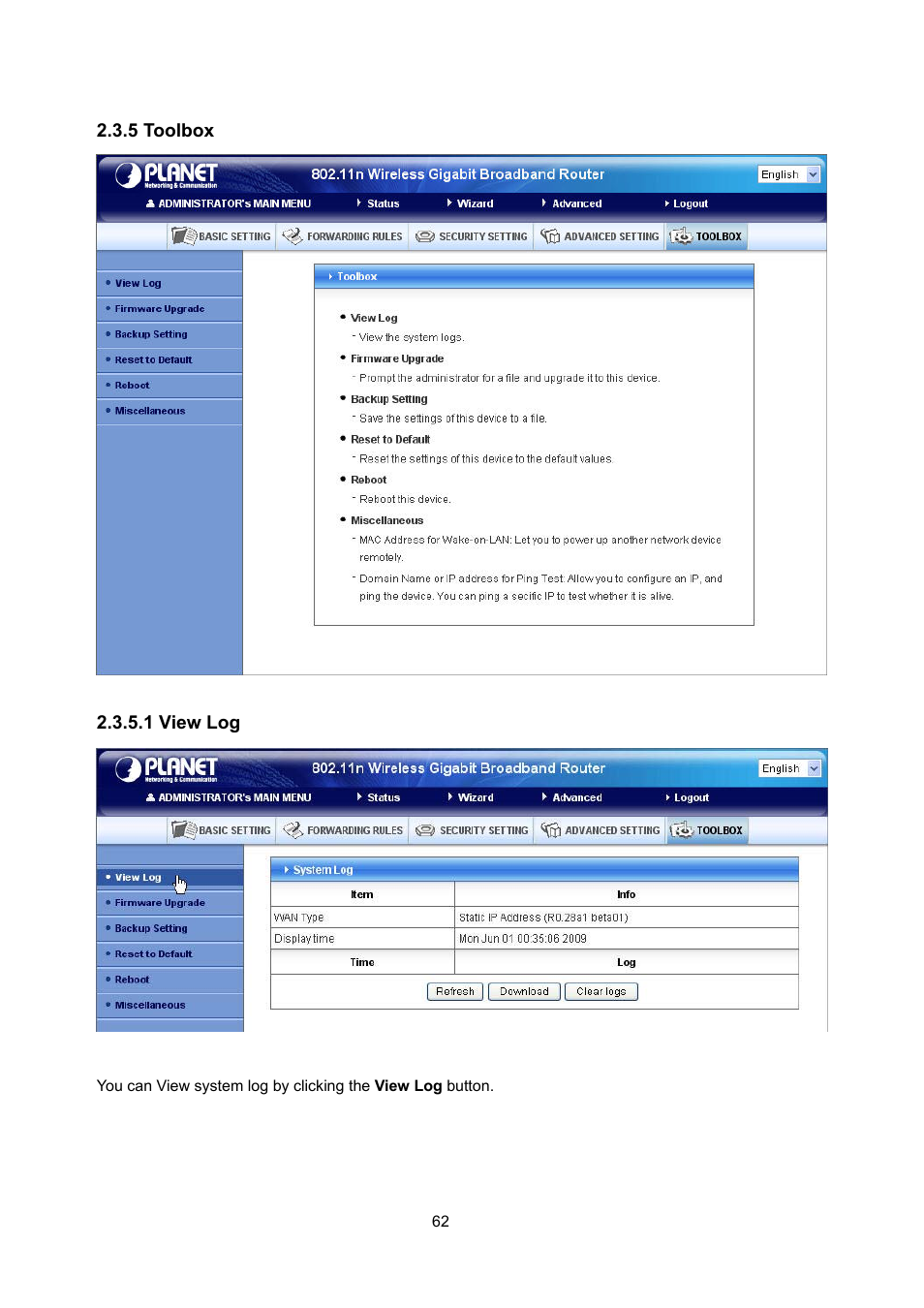 5 toolbox, 1 view log | PLANET WNRT-632 User Manual | Page 62 / 86