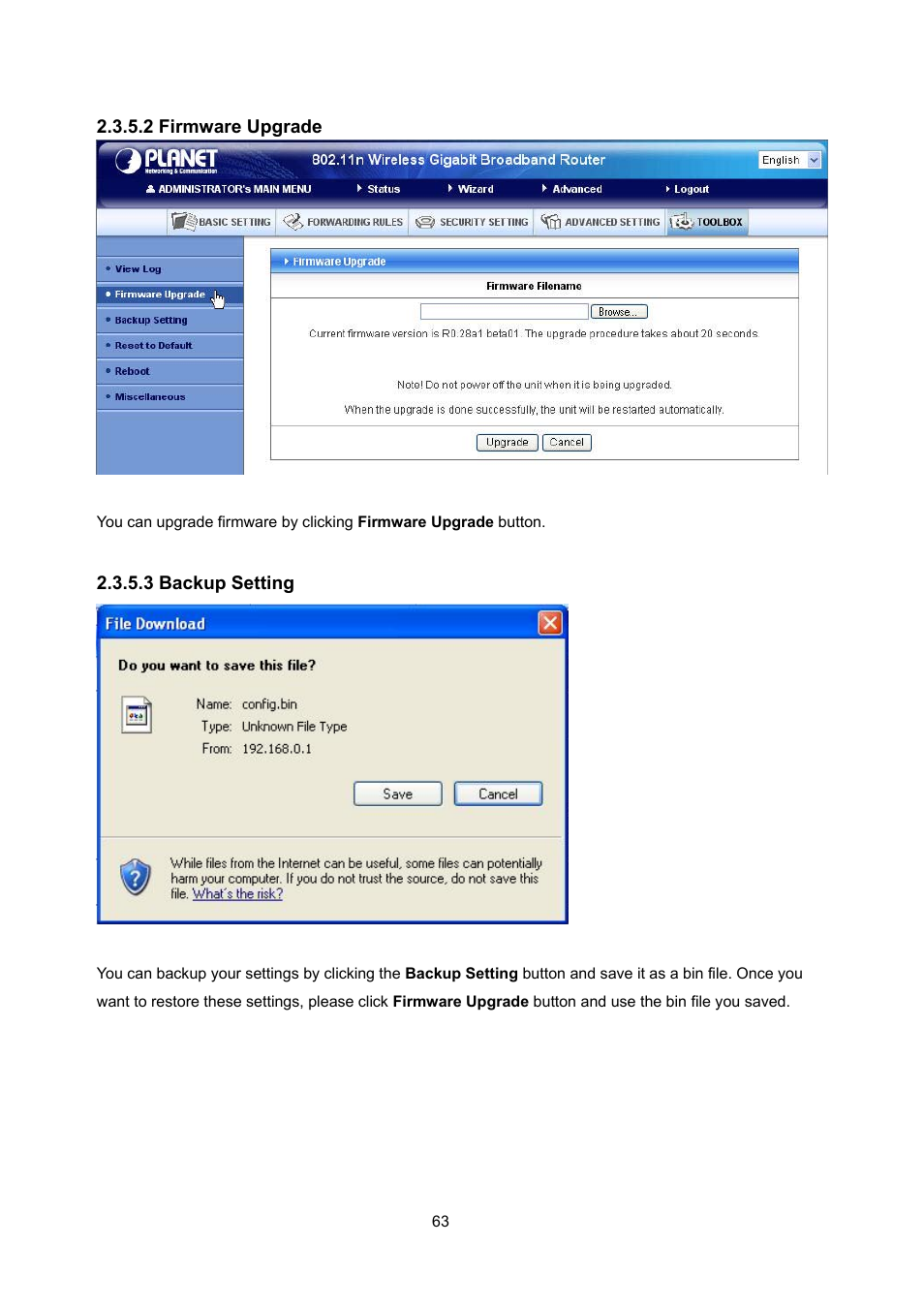 2 firmware upgrade, 3 backup setting | PLANET WNRT-632 User Manual | Page 63 / 86