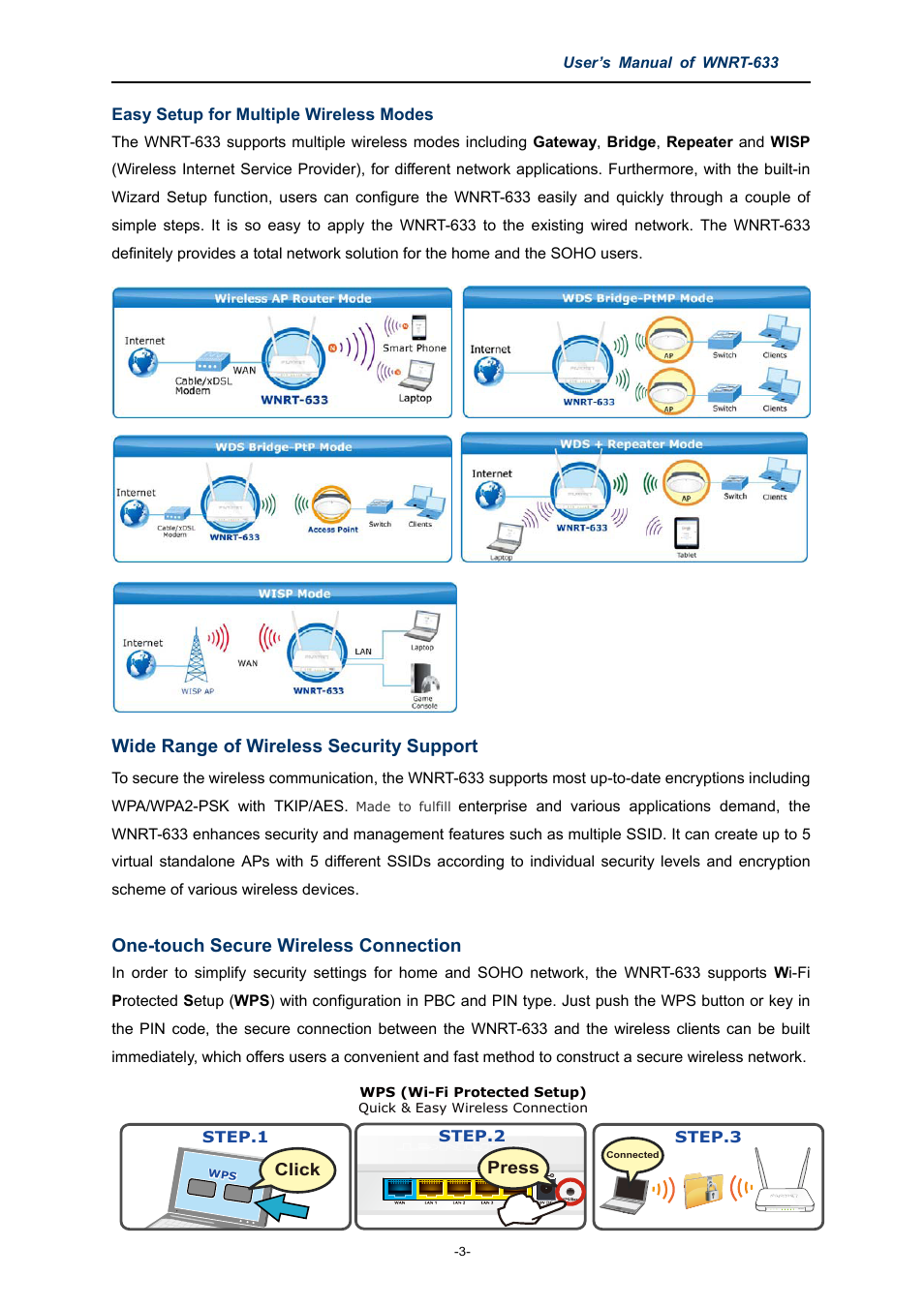 Wide range of wireless security support, One-touch secure wireless connection | PLANET WNRT-633 User Manual | Page 10 / 114